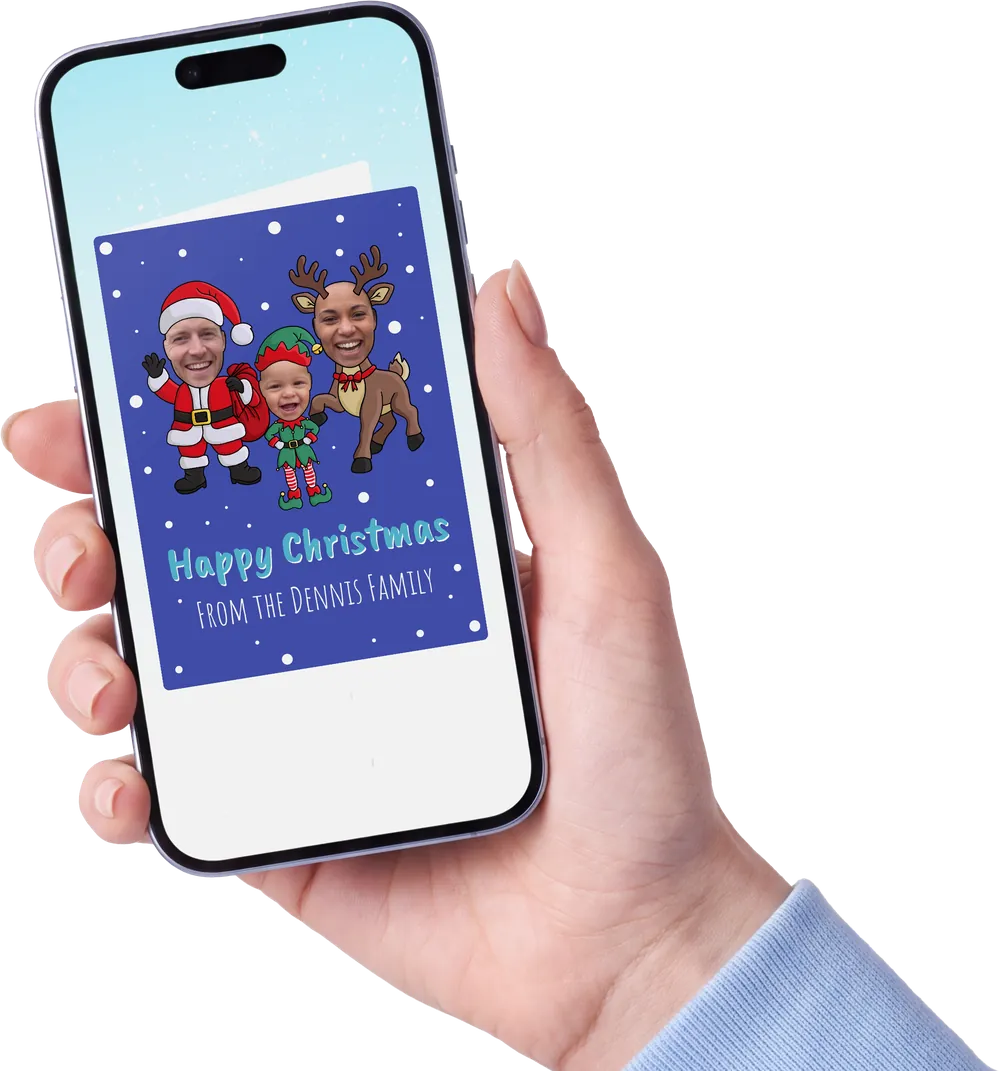 Hand holding a phone showing a personalised Jinglebell eCard