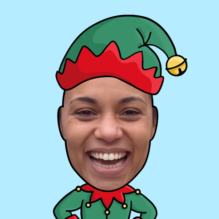 A cartoon elf character with the selfie face, wearing a green elf hat