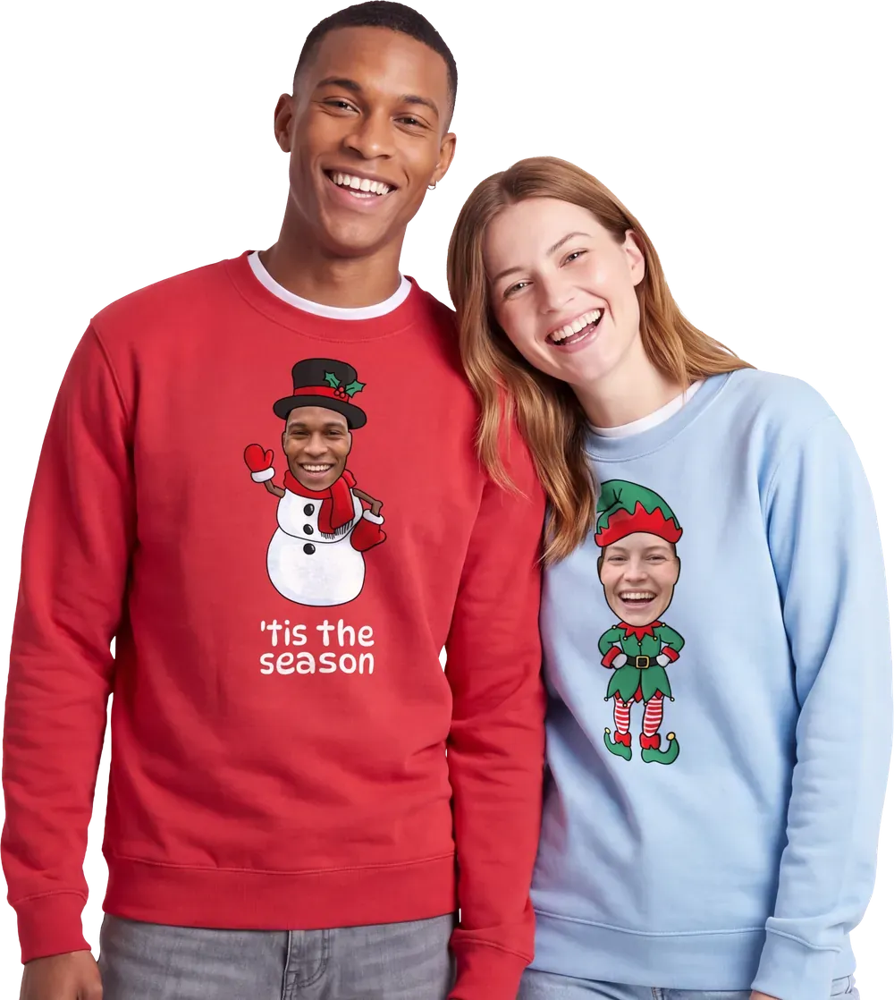 Smiling couple in matching personalised Christmas jumpers, one with a snowman and one with an elf, both with their own faces